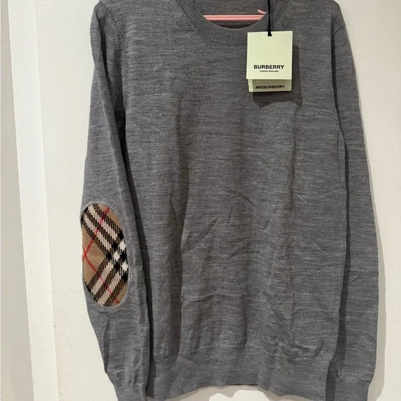 Burberry Crewneck Sweater with Plaid Elbow Patches